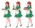 Set of red haired waitresses holding champagne and cake, wearing green dotted maid costume.