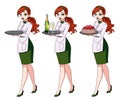 Set of red haired waitresses holding champagne and cake, wearing green uniform.