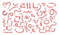 Set of red hand drawn doodle spiral and curved arrows. Vector scribbles with the texture chalk or wax crayon Royalty Free Stock Photo