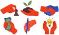 Set of red hands holding stuff. Human palms with different items, attributes, devices, instruments