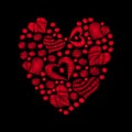 Set red heart embroidery stitches imitation in the heart form on the black background