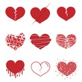 Set of red hearts. Broken heart icon flat design on white background. Royalty Free Stock Photo