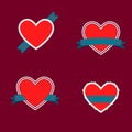 Set of red hearts budges with stripes.