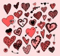 A set of RED hearts. A collection of hearts with patterns and textures for your wedding design, a symbol of love for Valentine`s Royalty Free Stock Photo