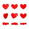 Set red hearts 3-D vector illustration, nine collections of various perspective hearts, creative design on white background, Royalty Free Stock Photo