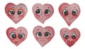 A set of red hearts faces with big eyes. Emotions - sad, joyful, funny, suspicious, smiling faces. Watercolor. Hand drawing