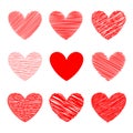 Set red hearts hand-drawn. Concept of love. Hearts design on white background. Design elements for valentine`s day. Royalty Free Stock Photo