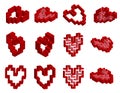 Set of 12 red isometric hearts. Half of them with a simple labyrinth inside. Vector 3d modern style rectangular symbols