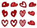 Set of 12 red isometric hearts. Half of them with a simple labyrinth inside. Vector 3d modern style rectangular symbols