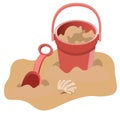 Set of red kids bucket and shovel with sand and seashell, isolated on white background Royalty Free Stock Photo