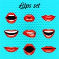 Set of red kissing and smiling cartoon mouth Royalty Free Stock Photo