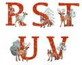 Set of red letters with winter woodland animals, Christmas animal alphabet Royalty Free Stock Photo