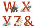 Set of red letters with winter woodland animals, Christmas animal alphabet Royalty Free Stock Photo