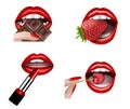 Set of red lips. Female lips with chocolate, strawberry,  lipstick and cherry Royalty Free Stock Photo