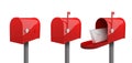 Set of red mailboxes with a closed door, a raised flag, with an open door and letters inside. Royalty Free Stock Photo