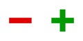 Set of red minus and green plus sign icons. Negative and positive symbols isolated on a white background.