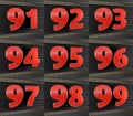 Set of red numbers from ninety-one to ninety-nine