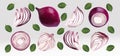 Set of red onion with leaves on transparent background. Flying red onion are whole and cut in half. 3D realistic red