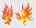 Set of red and orange fire flame. Flames of different shapes. Fireball set, flaming symbols. Idea of energy and power Royalty Free Stock Photo