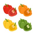 Set of red, orange, green and yellow whole and half bell pepper