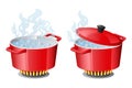 Set red pans with boiling water, opened and closed pan lid