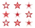 Set of red patchwork decorative stars, on white background, illustration