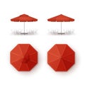 Set of Red Patio Outdoor Beach Cafe Restaurant Round Umbrella for Branding Top Side View Mock up on Background