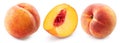 Set of red peaches, juicy peach slice isolated on white background. File contains clipping paths