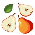 Set of red pear and slices. Isolated vector sliced fruit in flat style. Summer clipart for design Royalty Free Stock Photo