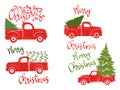 Set Of Red Pickups With Christmas Tree. Traditional American Trailer. Vector Illustration For Christmas Holidays.