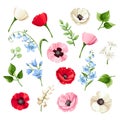 Set of red, pink, blue and white flowers isolated on white. Vector illustration. Royalty Free Stock Photo