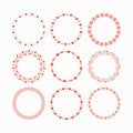 Set of red and pink heart wreaths and circle border decorative emblems on white background