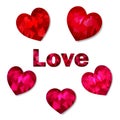 Set of red and pink hearts in the low poly style on a white background and the word love