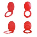 Set with red plastic toilet seats on white background