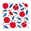 Set of red pomegranates, half pomegranate and blue leaf. Hand drawn pomegranates and leaves isolated on white background. Fabric,