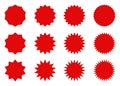 Set of red price sticker, sunburst badges icon. Stars shape with different number of rays. Red starburst speech bubble set, labels