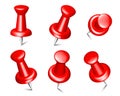 Set of red push pins in different foreshortening. Pushpins, sewing needles or board tacks for paper notice Royalty Free Stock Photo