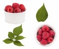 Set of red raspberries with leaves. Raspberries in a bowl isolated on white background. Vegetarian or healthy eating. Juicy and de Royalty Free Stock Photo