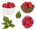 Set of red raspberries with leaves. Raspberries in a bowl isolated on white background. Vegetarian or healthy eating. Juicy and de Royalty Free Stock Photo