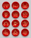 Set of red round icons with gold linear zodiacal signs