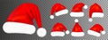 Set of red santa claus hats with fur isolated on transparent background. Vector illustration Royalty Free Stock Photo