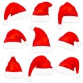 Set of red santa claus hats with fur isolated on white background. Vector Royalty Free Stock Photo