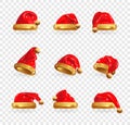 Set of Red Santa Claus Hats. Vector render 3d realistic illustration. Royalty Free Stock Photo