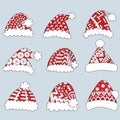 Set of red santa hats on white background for design element and coloring book page. Vector illustration