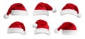 Set of red Santa hats on white background. banner deisgn