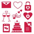 Set of red silhouettes icons for decorating and design of congratulation for Valentine`s Day. Vector illustration