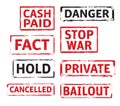 SET Red stamps HOLD, DANGER, FACT, STOP WAR, PRIVATE. Royalty Free Stock Photo