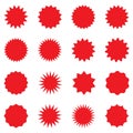 Set of red star or sun shaped sale stickers. Promotional sticky notes and labels.