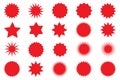 Set of red star or sun shaped sale stickers. Promotional sticky notes and labels. Royalty Free Stock Photo