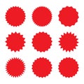 Set of red starburst, sunburst badges. Design elements - best for sale sticker, price tag, quality mark. Flat vector illustration.